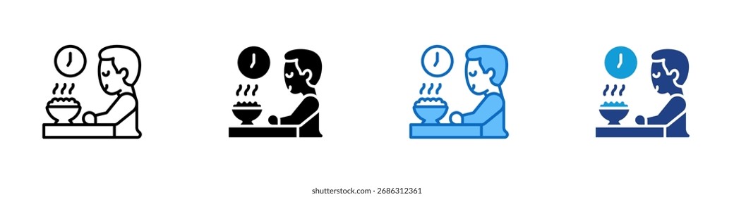 Essen Person Multiple Style Icon Design Vektor - Person Essen warmes Essen mit Uhr, symbolisiert Mahlzeit, Hunger und tägliche Ernährung