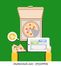 Eating pizza and chatting illustration concept. Flat design.
