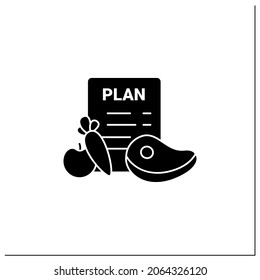 Eating plan glyph icon.Healthy diet plan for breakfast,dinner.Including vegetables like carrot, fruits,meat. Time restricted eating.Dash diet.Filled flat sign. Isolated silhouette vector illustration
