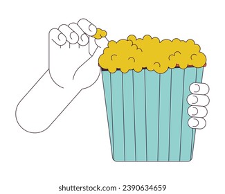 Eating popcorn linear cartoon character hand illustration. Holding bucket with popcorn outline 2D vector image, white background. Eating snacks at movie theater editable flat color clipart