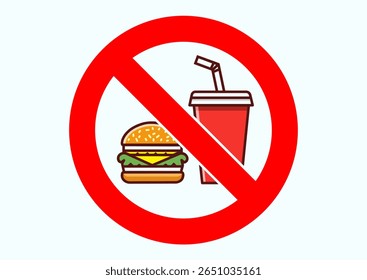Eating is prohibited warning sign. No food or drink sign, icon. No eat or drink. Prohibited sign with sandwich and drink vector illustration. Eating and drinking restriction symbol for special zones