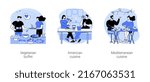Eating in a restaurant isolated cartoon vector illustrations set. Happy diverse people dining at vegetarian buffet, american cuisine, couple eating burgers, Mediterranean restaurant vector cartoon.