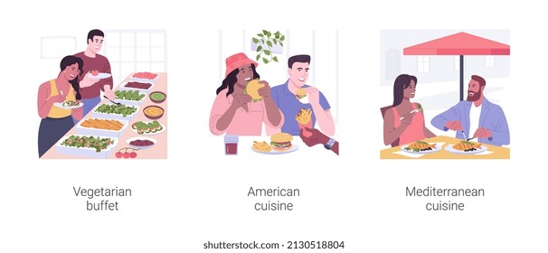 Eating in a restaurant isolated cartoon vector illustrations set. Happy diverse people dining at vegetarian buffet, american cuisine, couple eating burgers, Mediterranean restaurant vector cartoon.