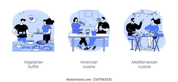 Eating in a restaurant isolated cartoon vector illustrations set. Happy diverse people dining at vegetarian buffet, american cuisine, couple eating burgers, Mediterranean restaurant vector cartoon.