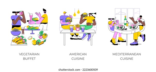 Eating in a restaurant isolated cartoon vector illustrations set. Happy diverse people dining at vegetarian buffet, american cuisine, couple eating burgers, Mediterranean restaurant vector cartoon.