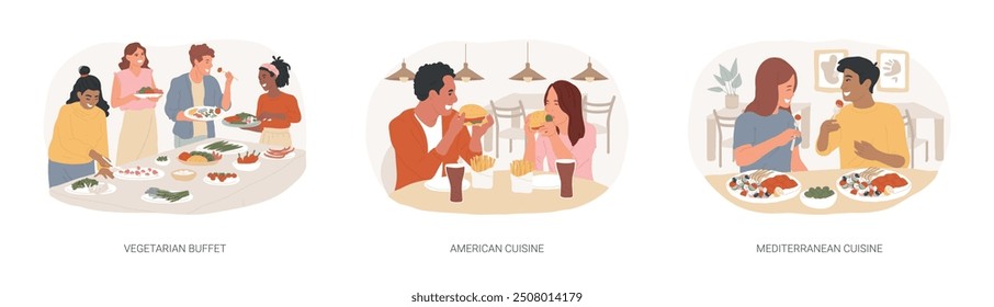 Eating in a restaurant isolated cartoon vector illustrations set. Happy diverse people dining at vegetarian buffet, american cuisine, couple eating burgers, Mediterranean restaurant vector cartoon.