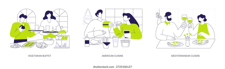 Comer em um restaurante isolado desenhos animados vetor ilustrações set. Feliz e diversificado povo jantando no buffet vegetariano, cozinha americana, casal comendo hambúrgueres, restaurante mediterrâneo vetor cartoon.