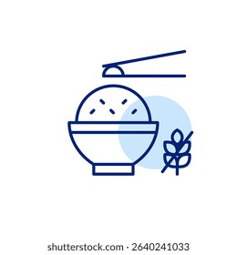 Eating rice with chopsticks and gluten free symbol. Dietary restrictions, food labelling. Pixel perfect, editable vector icon