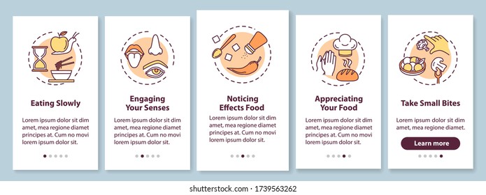 Essregeln für mobile App-Seite mit Konzepten. Langsames Kauen und kleine Bisse gehen durch 5 Stufen grafische Anleitungen. Benutzeroberflächenvektorvorlage mit RGB-Farbabbildungen