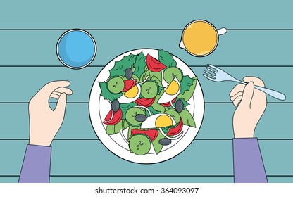 Eating salad, top view