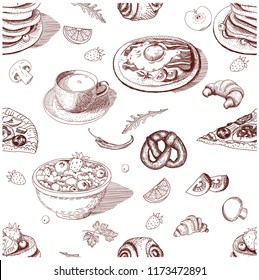 Eating seamless pattern. Hand drawn sketch in doodle style. Elements for your design.