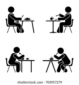 Eating and sitting vector pictogram. Stick figure black and white boy set symbol icon on white