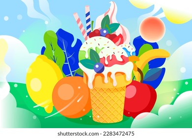 Eating sorbet ice cream in summer with beach and plants in the background, vector illustration