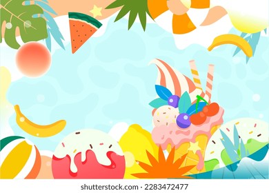 Eating sorbet ice cream in summer with beach and plants in the background, vector illustration