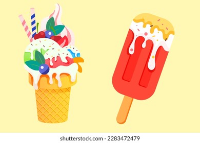 Eating sorbet ice cream in summer with beach and plants in the background, vector illustration