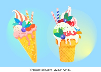 Eating sorbet ice cream in summer with beach and plants in the background, vector illustration