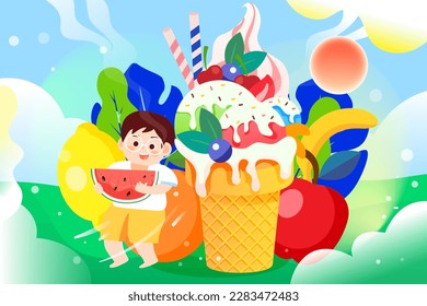 Eating sorbet ice cream in summer with beach and plants in the background, vector illustration