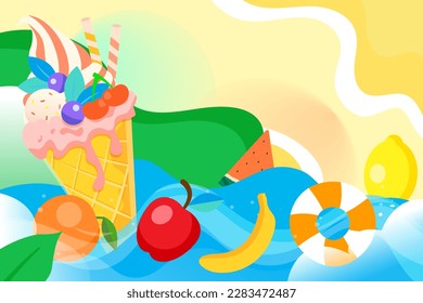 Eating sorbet ice cream in summer with beach and plants in the background, vector illustration