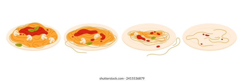 Eating spaghetti with tomato sauce, basil and mushrooms, sequence game animation set. Animated steps of eaten Italian food, plate with pasta, half full and empty bowl cartoon vector illustration