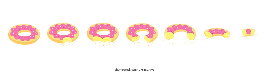 Eating stages a donut. Bit size off a piece. Pink cream. Dessert scale. Isometric view. Hand drawn sketch. Animation progression infographic.
