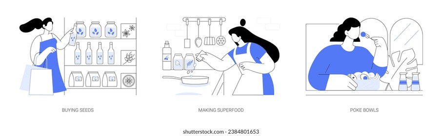 Eating superfoods isolated cartoon vector illustrations set. Buying seeds in the supermarket, healthy and organic nutrition, making superfood at home, enjoying poke bowl meal vector cartoon.