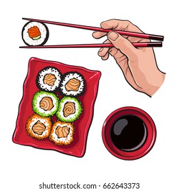 Eating sushi - human hand with chopsticks and soy sauce bowl, sketch vector illustration isolated on white background. Soy sauce and hand holding chopsticks and sushi, roll, realistic hand drawing