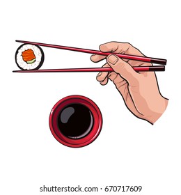 Eating sushi - human hand with chopsticks and soy sauce bowl, sketch vector illustration isolated on white background. Soy sauce and hand holding chopsticks and sushi, roll, realistic hand drawing