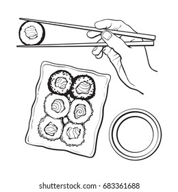 Eating sushi - human hand with chopsticks and soy sauce bowl, sketch vector illustration isolated on white background. Soy sauce and hand holding chopsticks and sushi, roll, realistic hand drawing