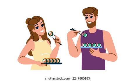 comiendo vector de sushi. comida asiática, restaurante japonés, pescado sano, cena japonesa, comida con carácter de sushi. ilustración de dibujos animados planos de personas