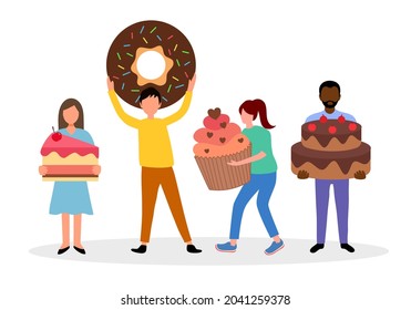 Eating sweet food or bakery concept vector illustration. People holding cake, doughnut, cupcake and cheesecake in flat design on white background.