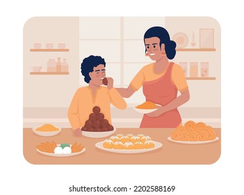 Comer dulces durante Diwali 2D vector ilustración aislada. Madre tratando a su hijo con bocadillos personajes planos en el fondo de la caricatura. Colorida escena editable para móvil, sitio web, presentación