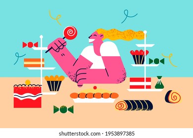 Eating sweets, good appetite concept. Young pleased woman tasting yummy lollipop, cakes, preparing various desserts for holiday event eating delicious sweet food vector illustration 