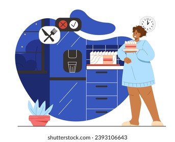 Eating sweets at night concept. Woman at kitchen with slice of cake. Fatty and overweight young girl with dessert and delicacy. Cartoon flat vector illustration isolated on white background