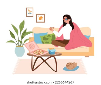 Eating takeaway food watching movie. Woman in red and blue glasses with pizza in her hand sits in apartment and watches movies. Rest after work and evening leisure. Cartoon flat vector illustration svg