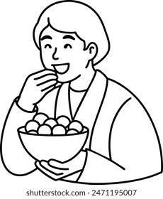 Eating tangyuan outline illustration, sweet rice balls, for good luck.