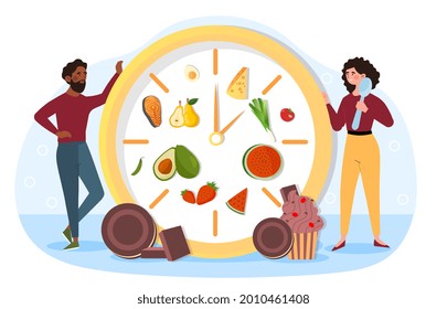 Esszeit-Konzept. Die Charaktere essen stündlich, um das Gleichgewicht der Nährstoffe im Körper zu erhalten. Physiologischer Mechanismus des Hungers. Cartoon-Flache Vektorgrafik einzeln auf weißem Hintergrund
