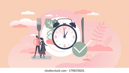 Eating time as daily food balance and routine clock tiny persons concept. Hunger in constant period of day as healthy habit for digestive system vector illustration. Symbolic watch with lunch plate.