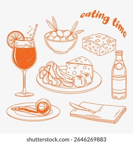 Eating time snack and drink set. Cheese plate, cured meat, olives, cocktail, bottled soda and dessert icons. Tasty hand drawn illustration for menu and social media
