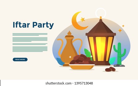 Eating together after fasting feast iftar party. Moslem family dinner on Ramadan Kareem or eid celebrating with people character concept for web landing page, banner, social, poster, book print media