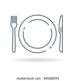 Eating Utensils Icon. Knife Fork And Plate Sign. Dining Cutlery And Crockery Symbol. Thin Line Icon On White Background. Vector Illustration.