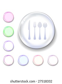 Eating utensils icon on translucent glass orb vector button