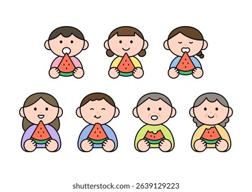 Eating Watermelon slices with family. A set of people eating summer fruit watermelon. Cartoon style flat vector character illustration. 