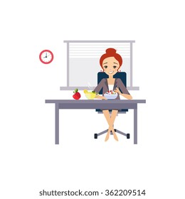 Eating at Work. Daily Routine Activities of Women. Colourful Vector Illustration