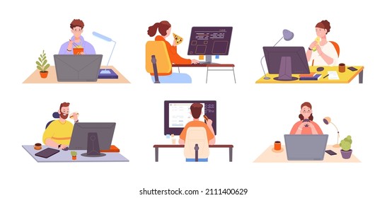 Eating at workplace. Woman eat appetited home food, business man at computer with snack, remote worker consumes burger, meal office desk, freelance work, vector. Illustration of daily dinner at desk