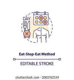 Icono de concepto de método de defunción de comer. Plan dietético para la pérdida de peso. Nutrición y atención de la salud. Ilustración de línea delgada de idea de ayuno intermitente. Dibujo de color RGB con contorno aislado del vector. Trazo editable