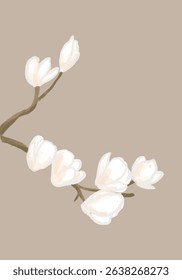 eaturing soft white magnolia blooms on a warm, muted pink background, this elegant botanical illustration brings a peaceful and refined touch to any design.