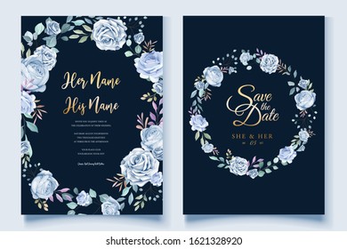 eautiful hand drawn blue rose wedding invitation card set