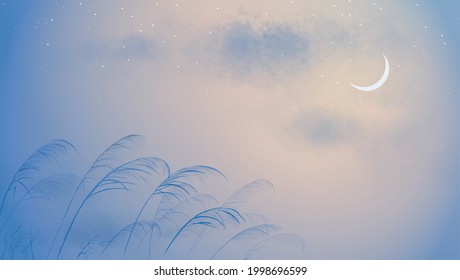 :eaves of grass on the wind and night sky with stars and crescent moon. Traditional oriental ink painting sumi-e, u-sin, go-hua