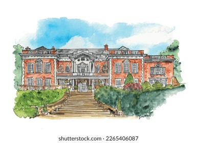 Eaves Hall country house sketch illustration. Georgian estate wedding venue. Watercolor art. Isolated vector.