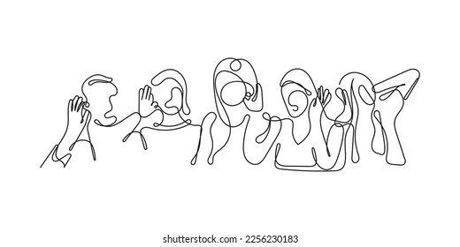 Eavesdropping line art. Continuous line art vector of a group of people trying to listen something secretly.